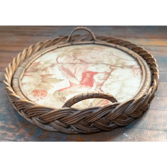 19th or 20th Century French Wicker Serving Tray With Tapestry Fragment of Bird For Sale - Image 12 of 16