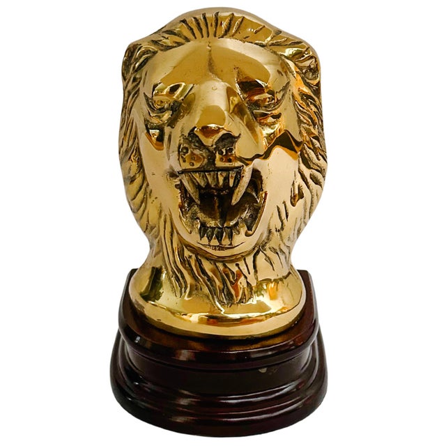 Mid-Century Modern Mid 20th Century Solid Brass Roaring Lion Bookends on Wood Bases - A Pair For Sale - Image 3 of 7