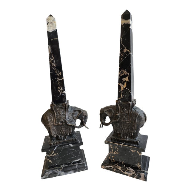 Pair of Antique Grand Tour Portero Marble Obelisks With Bernini Style Bronze Elephants For Sale