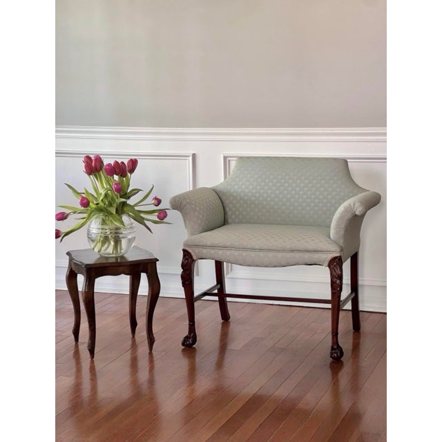 Georgian Carved Mahogany Upholstered Vanity Bench, Celadon Blue, Early 20th Century For Sale - Image 14 of 18