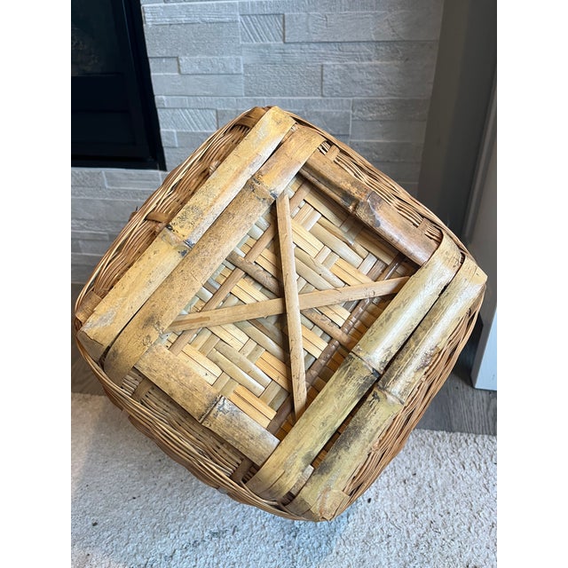 Mid 20th Century Round Tapered Woven Reed Basket Vintage Utility Laundry Basket With Reinforced Bottom and Wrapped Handles For Sale - Image 9 of 10