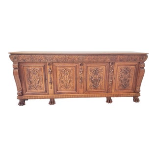 Antique 1920s Ornately Carved Oak Buffet Sideboard Server Renaissance Spanish Revival For Sale
