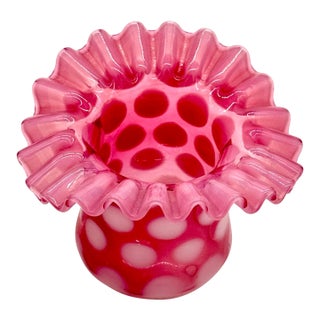 Vintage Fenton Cranberry Opalescent Coin Dot Top Hat Vase With Ruffled Rim For Sale