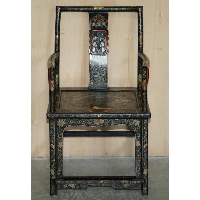Set of Chinese Ming Style Lacquered & Painted Armchairs, 1900s For Sale - Image 3 of 18