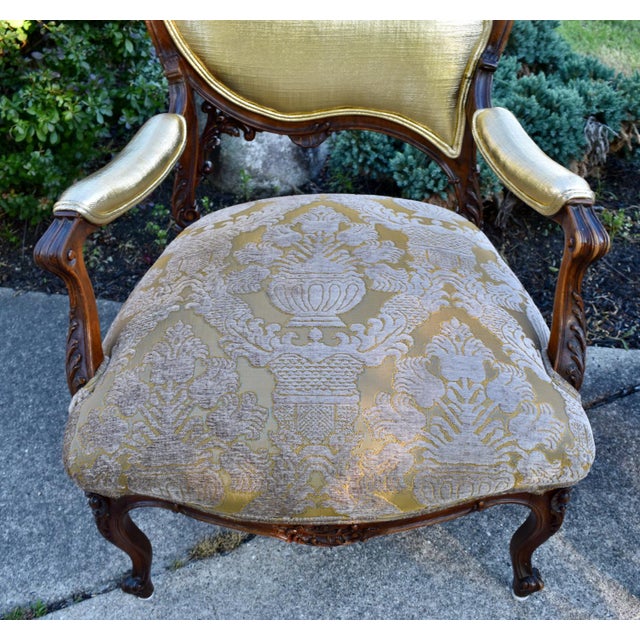 Pair Vtg. French Louis XV Style Carved Walnut Armchairs Gold Damask Chairs For Sale - Image 9 of 18