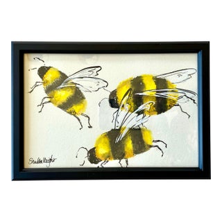 “Three Bees” Original Animal Watercolor Painting by Sandra Wright For Sale