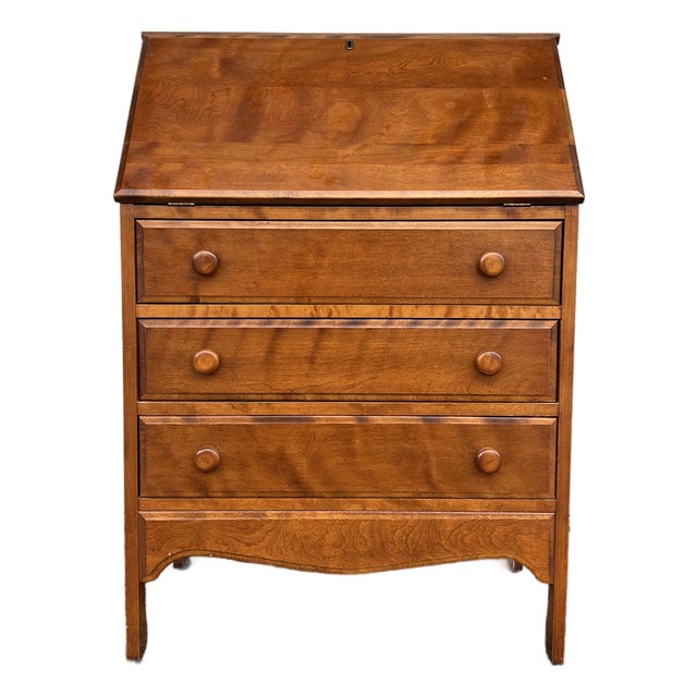 Vintage Maple Drop-Front Secretary Desk With Three Drawers For Sale