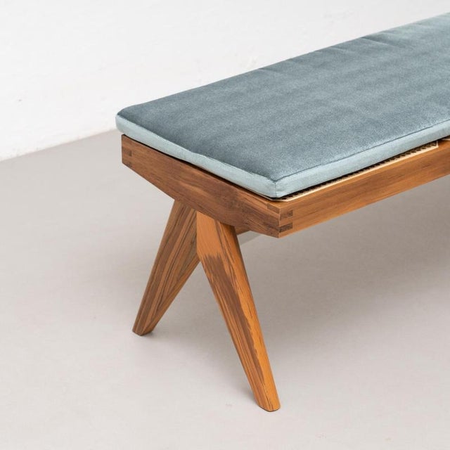 Civil Bench in Wood and Woven Viennese Cane with Cushion by P. Jeanneret for Cassina For Sale - Image 6 of 17