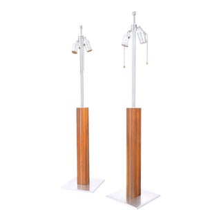 Pair Walter Von Nessen for Nessen Studios Walnut Inlaid Chrome Tower Table Lamp For Sale