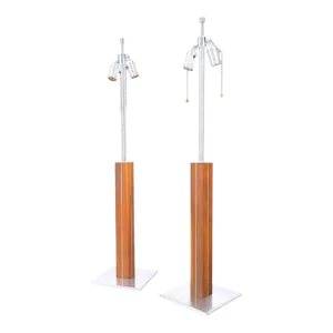 Pair Walter Von Nessen for Nessen Studios Walnut Inlaid Chrome Tower Table Lamp