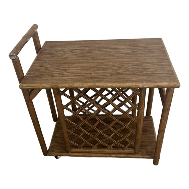 McGuire Style Vintage 1970s Hollywood Regency-Style Faux Bamboo and Rattan Rolling Bar Cart For Sale