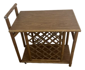 McGuire Style Vintage 1970s Hollywood Regency-Style Faux Bamboo and Rattan Rolling Bar Cart