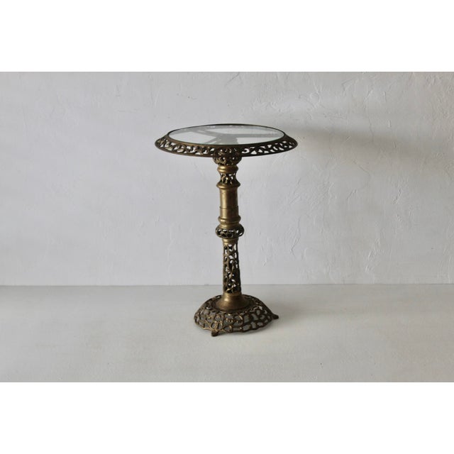1970s Pierced Reticulated Brass Pedestal Glass Top Drinks Side Table For Sale - Image 4 of 18
