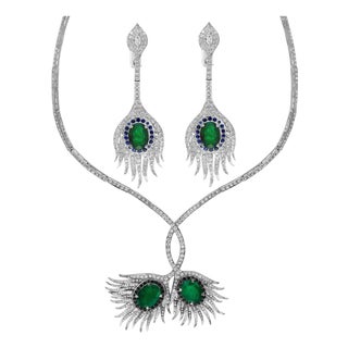 Gia Certified 20ct Zambian Emerald & 15ct Diamond Necklace Earring Suite 18kwg For Sale
