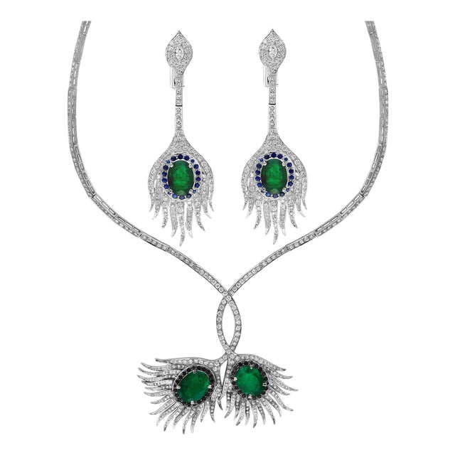 Gia Certified 20ct Zambian Emerald & 15ct Diamond Necklace Earring Suite 18kwg For Sale