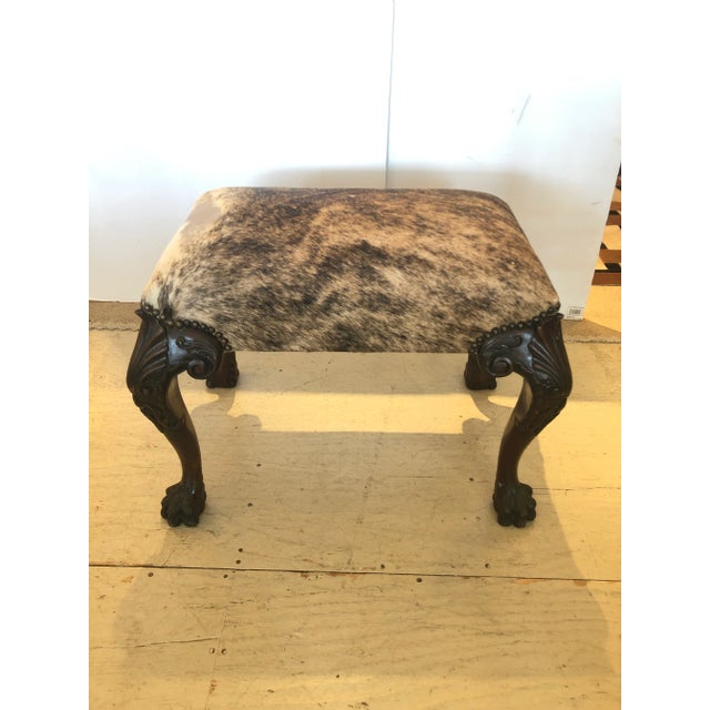 Vintage Carved Mahogany and Cowhide Ottoman For Sale - Image 10 of 10