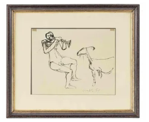 Claudio Cintoli, Shepherd, Original China Ink Drawing, 1958, Framed