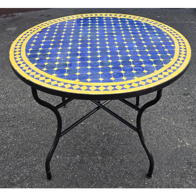 Metal 40" Handcrafted Cobalt Blue and Yellow Moroccan Mosaic Table For Sale - Image 7 of 7