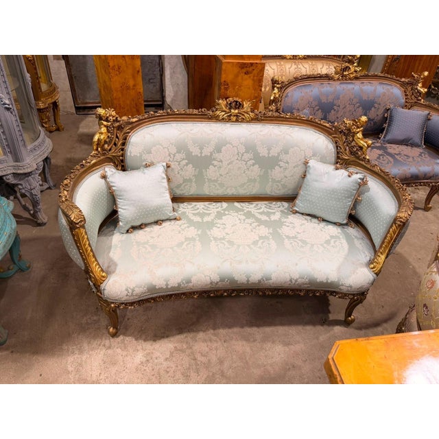 Wood Vintage Cherub Rococo Settee upholstery Aqua Blue Damask Canapa For Sale - Image 7 of 7