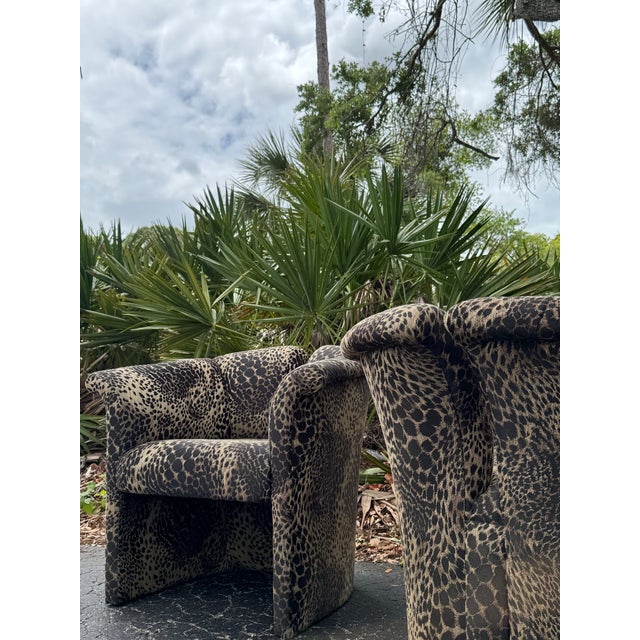 Black 1970s Thayer Coggin for Robb & Stucky Postmodern Leopard Upholstered Barrel Chairs – A Pair For Sale - Image 8 of 9
