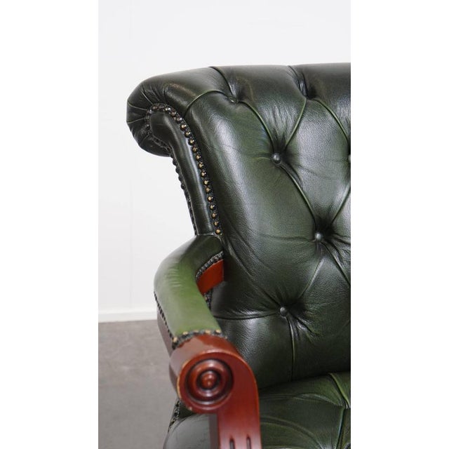 English Green Cowhide Chesterfield Desk Chair on Wheels For Sale - Image 13 of 15