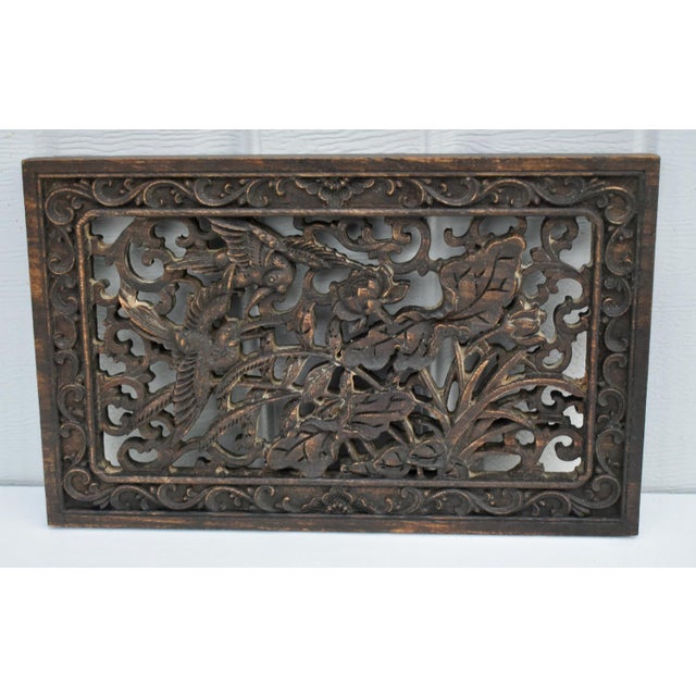 Vintage Hand Carved Chinese Plaque With Birds & Floral Details For Sale - Image 12 of 12