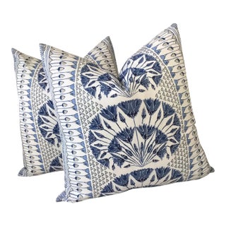 Thibaut “Cairo” in Blue Plush Down-Filled Complete 20" Pillow - A Pair For Sale