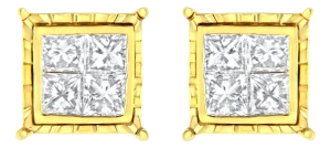 14K Yellow Gold 1.0 Cttw Invisible Set Princess-Cut Diamond Composite 8 Stone Stud Earrings