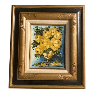 1060’s Original Impressionist Sunflower Painting Chunky Vintage Carved Wood Frame Signed For Sale