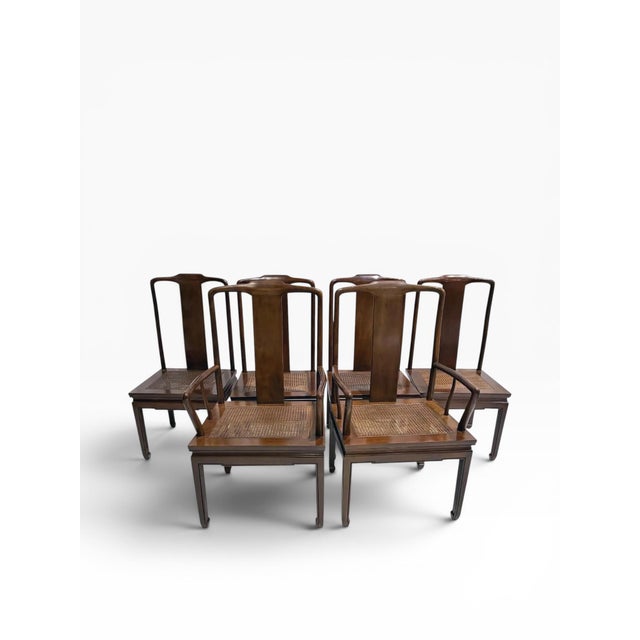 Brown Set of 6 Henredon Hollywood Regency Chinoiserie Mahogany & Cane Dining Chairs, Circa 1970s For Sale - Image 8 of 16