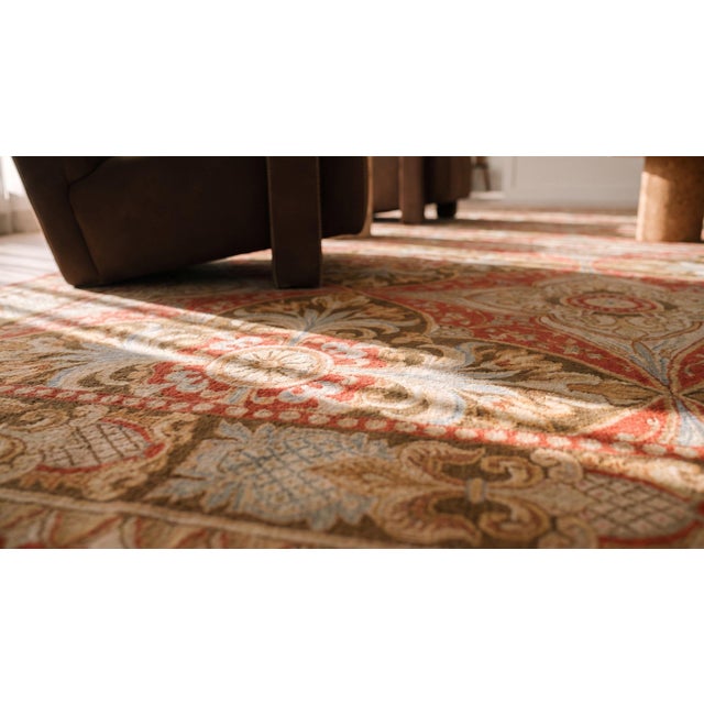Salmon 1880s Salmon Floral Medallion Antique French Needlepoint Rug 13'4" X 18' Flatweave Wool Carpet For Sale - Image 8 of 9
