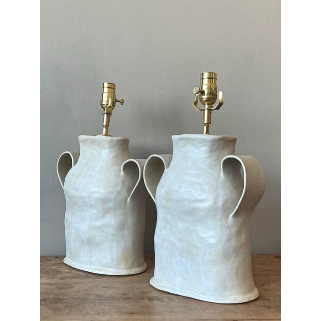 Vintage Boho Slab Built Studio Pottery Lamps - A Pair For Sale - Image 4 of 8