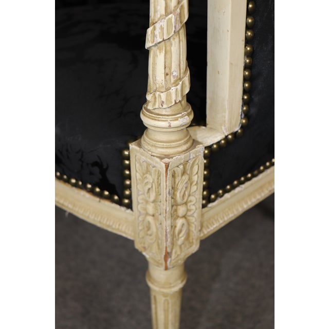 Pair Attributed Maison Jansen French Louis XVI Style Distressed Painted Bergeres For Sale - Image 12 of 13
