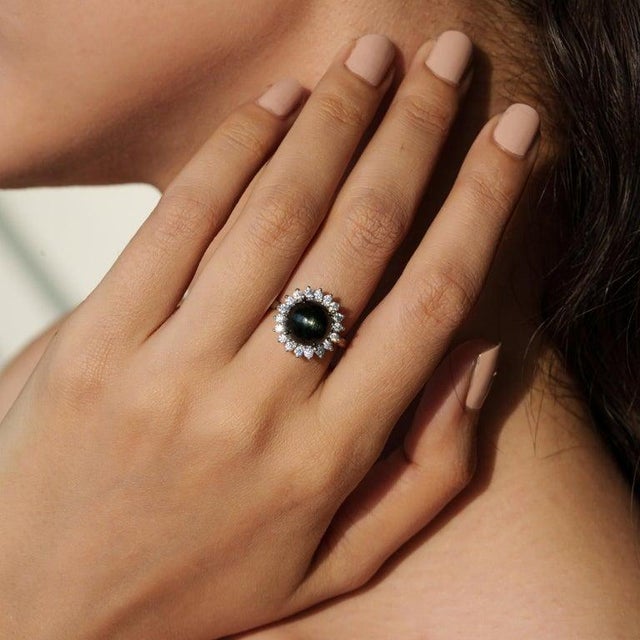 Vintage Inspired Natural Black Star & Zircon Halo Cocktail Ring Size 8 For Sale - Image 10 of 13