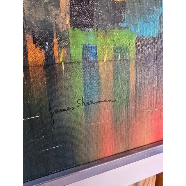 Vintage Mid Century Modern Abstract Painting Cityscape For Sale - Image 4 of 10