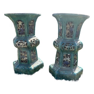 Antique Chinese Turquoise Sancai Pottery Glazed Pedestals For Sale