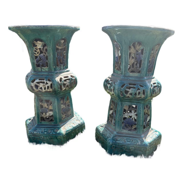 Antique Chinese Turquoise Sancai Pottery Glazed Pedestals For Sale