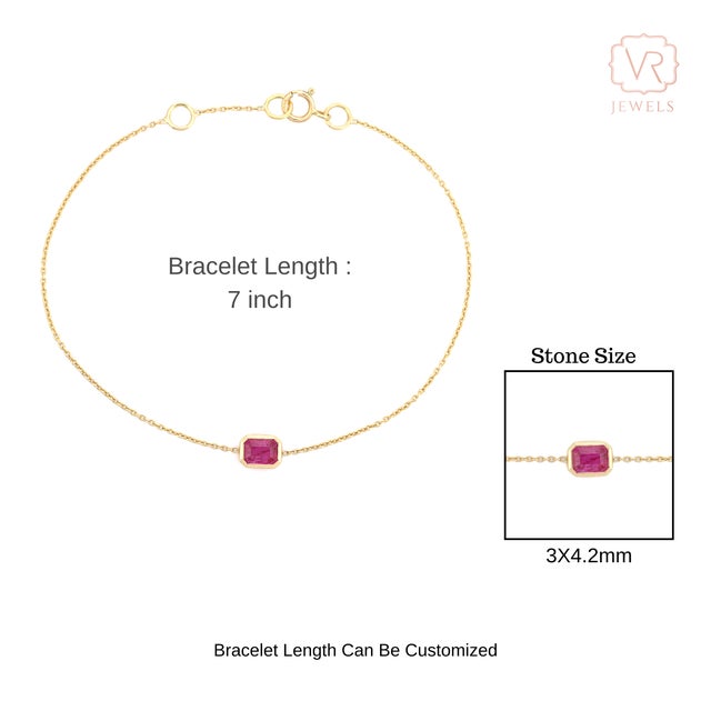 Delicate 14k Gold Chain Bracelet With Bezel Set Octagon Ruby Birthstone For Sale - Image 9 of 13