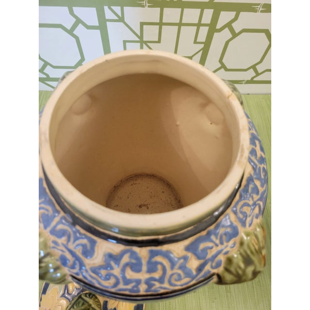 Navy Blue Vintage Navy Blue and White, Green Clay Fired Foo Dog Italian Floral Ginger Jar Decor For Sale - Image 8 of 11