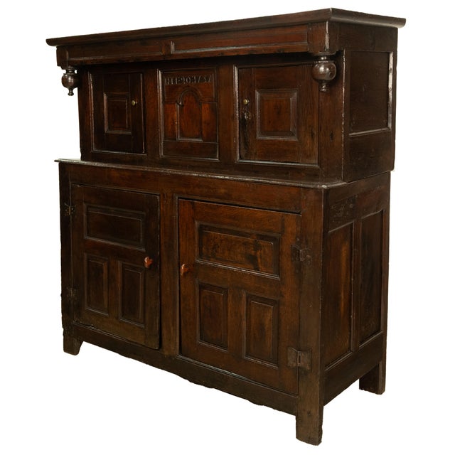 Wood Antique Early 18th Century Welsh English Deuddarn Carved Oak Court Cupboard 1737 For Sale - Image 7 of 16