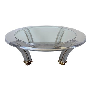 Glamorous Vintage Jeffrey Bigelow Style Lucite & Brass Sculptural Round Coffee Table With Glass Insert For Sale