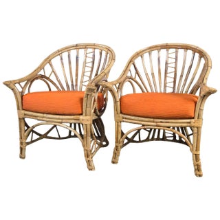 Mid-Century Circle Sided Rattan Armchairs - a Pair For Sale