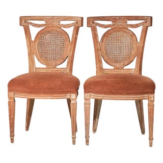 Fine Pair Antique French Fruitwood Carved & Upholstered Side Chairs For Sale