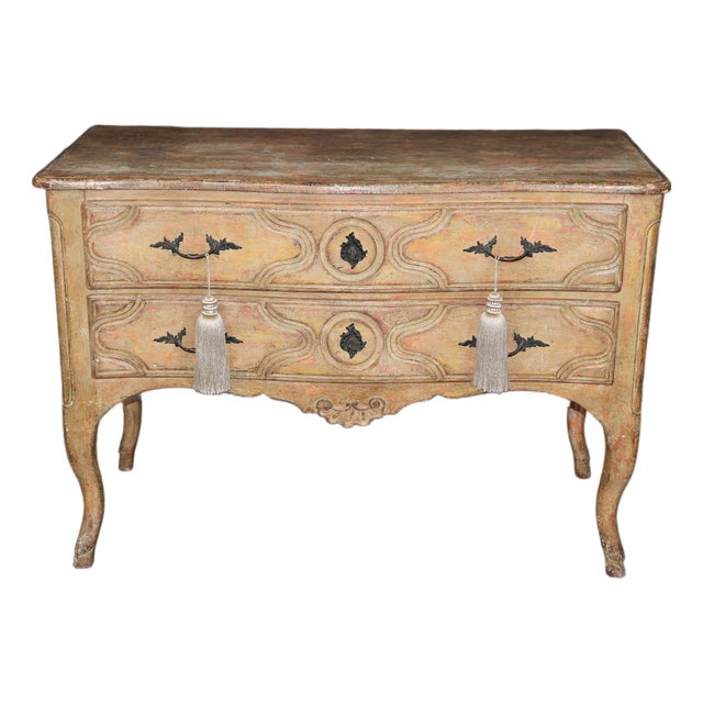 1950's Italian-Made Tasseled French Louis XV Style Distressed Painted Commode For Sale