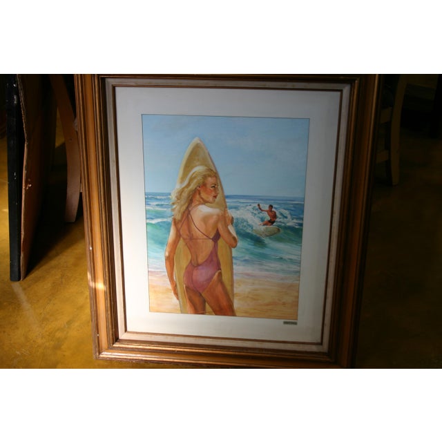 Gold 1960s Watercolor - Surfer Girl - Beach Scene For Sale - Image 8 of 8
