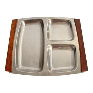 Mid Century Danish Modern 1960s Rosewood & Stainless Steel Divided Serving Tray Catchall Dish For Sale