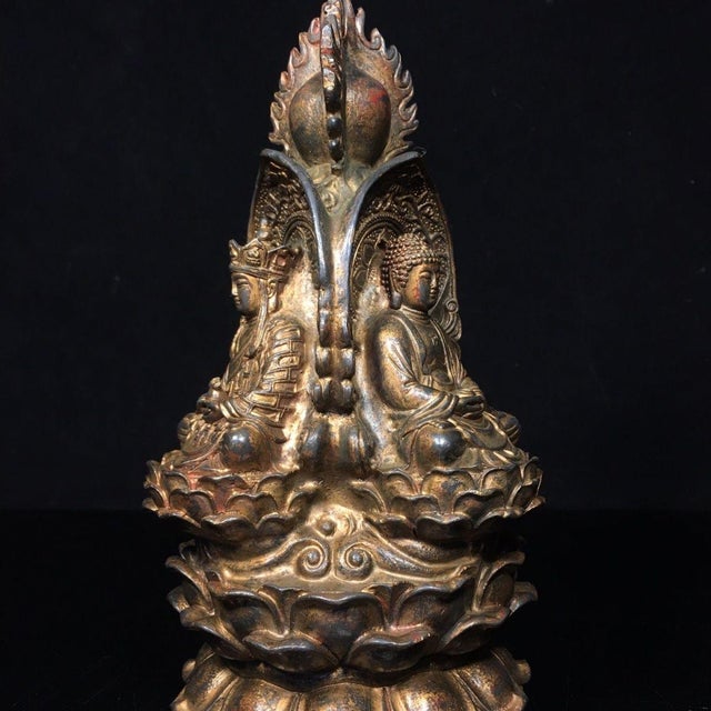 Metal Late 19th Century Gilt Bronze Three-Faced Buddha Statue, Saha Trinity, 1.6kg For Sale - Image 7 of 9