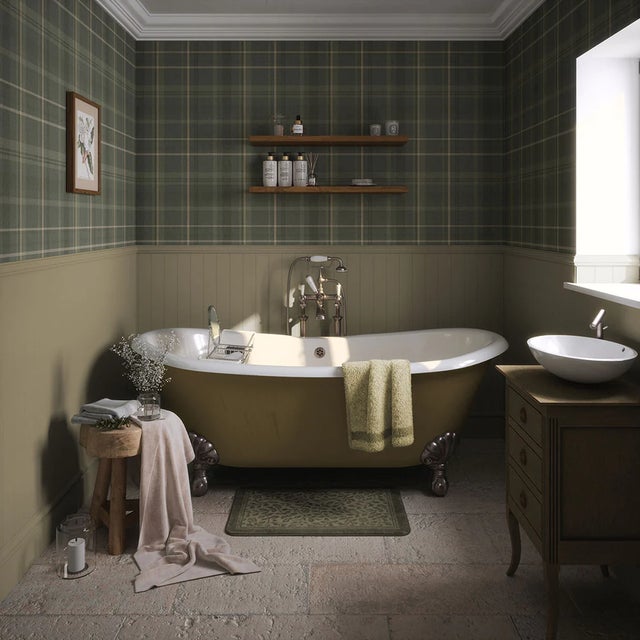 Heritage Tartan Wallpaper in Nettle Green and Vintage Cream - Sample