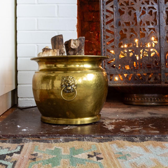 Brass Plated Lions Heads Firewood Holder or Large Planter For Sale - Image 4 of 13