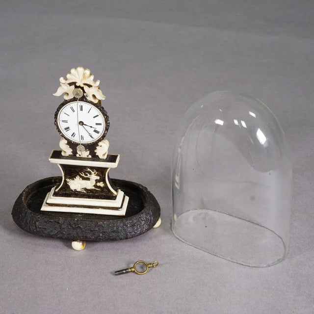 Biedermeier Antique Mantel Clock Under Glass Dome, Ca. 1870 For Sale - Image 3 of 9